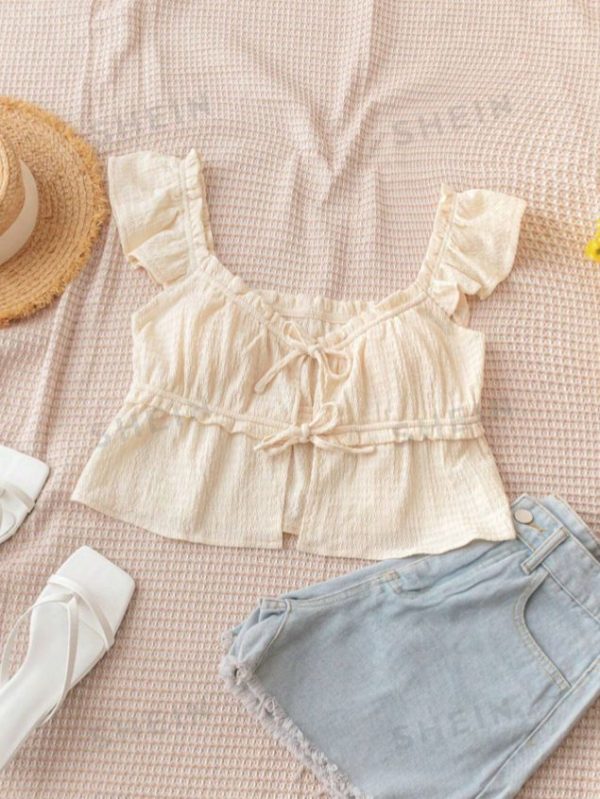 SHEIN WYWH Solid Color Ruffled Hem Long Sleeve Top With Tie Crop Women Tops Summer Women Tops