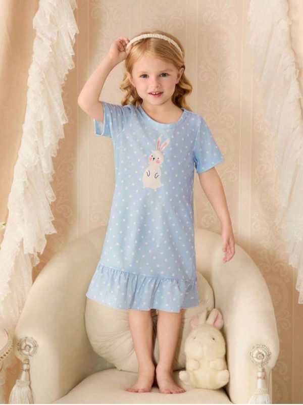 Young Girls' Blue Simple Polka Dots Rabbit Printed Short Sleeve Nightgown Home Clothes