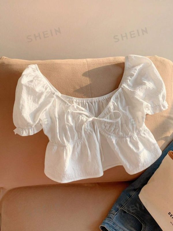 SHEIN EZwear White Woven Lace-Up Shirt With Heart-Shaped Collar