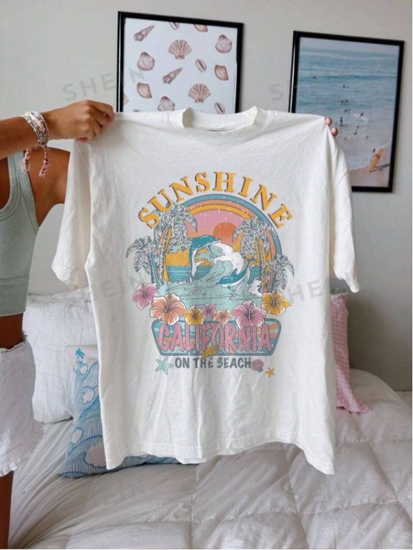 SHEIN EZwear Casual Simple Wide Island Printed Round Neck Short Sleeve Women's T-Shirt