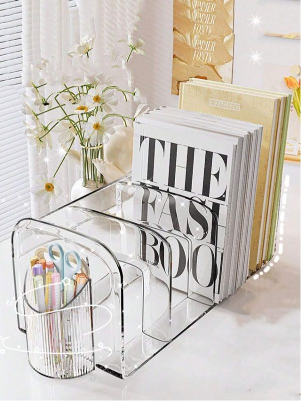 1pc Desktop Clear Acrylic Student Book Stand With Divider, Pen Holder & Storage Shelf