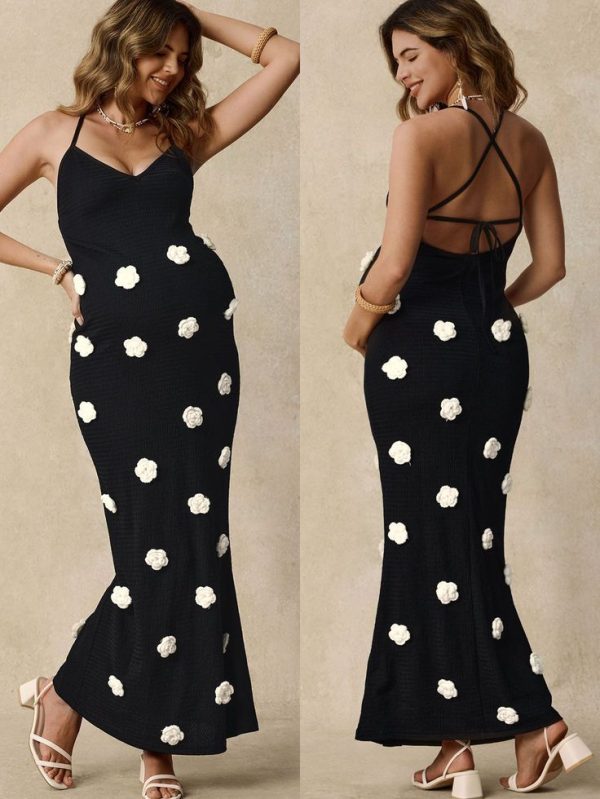 SHEIN Pregnant Women Elegant 3D Flower And Fish Tail Hem Dress