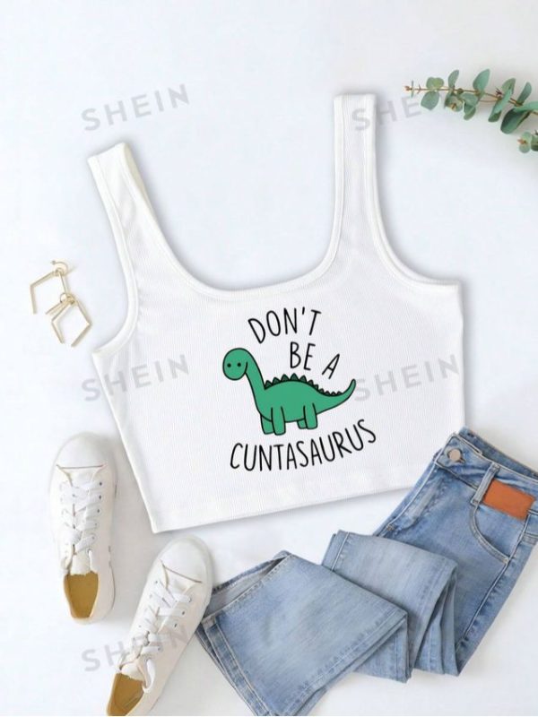 SHEIN EZwear Women's Cartoon Dinosaur Printed Tank Top With Slogan