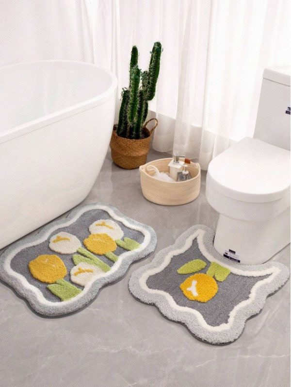 1pc Plush Tulip Cartoon Designed Anti-Slip Soft & Absorbent Bathroom Mat
