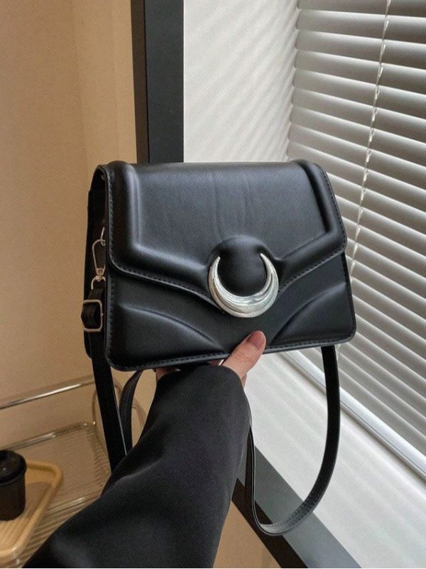 Moon Decor Square Bag Flap PU Black Crescent Decor Stitch Detail Underarm Bag