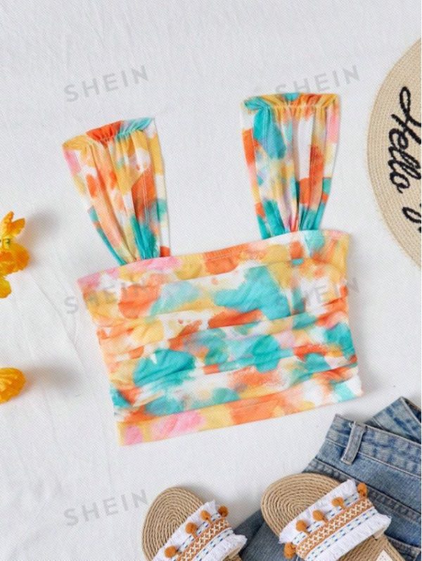 SHEIN WYWH Vacation Beach Leisure Colorful Tie-Dye Square Neckline Pleated Cropped Tank Top