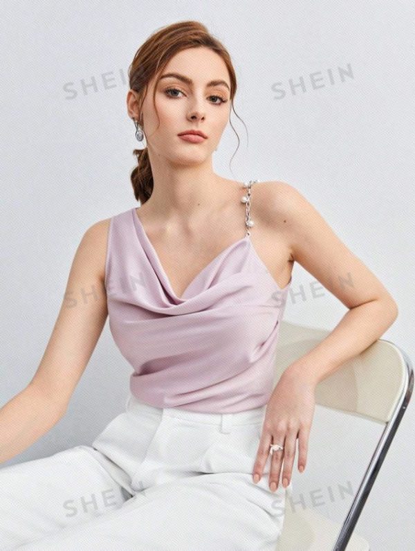 SHEIN BIZwear Asymmetrical Neck Pearls Beaded Strap Draped Front Top Workwear