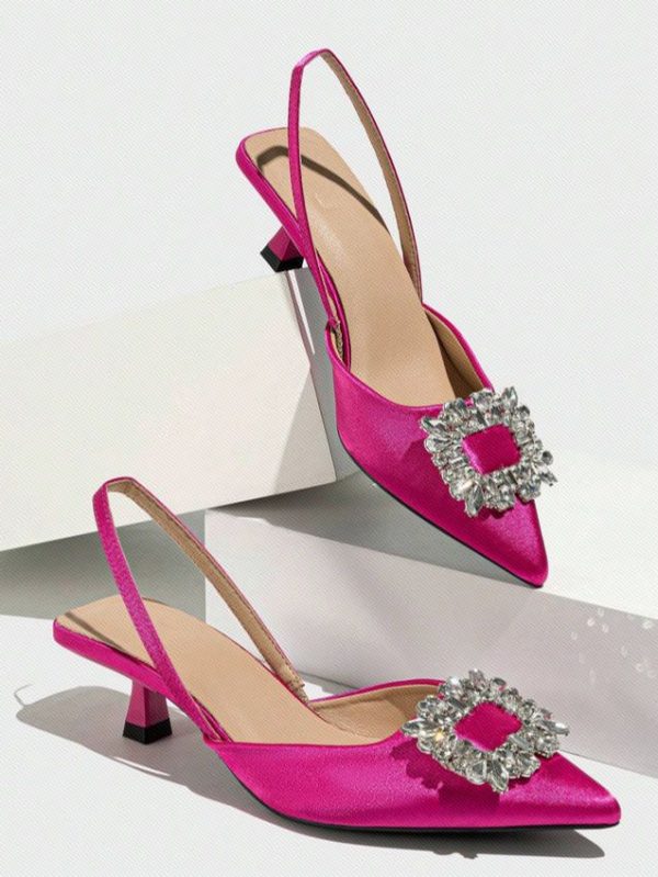 Women Party Fascinating Metallic Rhinestone Decor Pointed Toe Kitten Heels Open Toe High Heel
