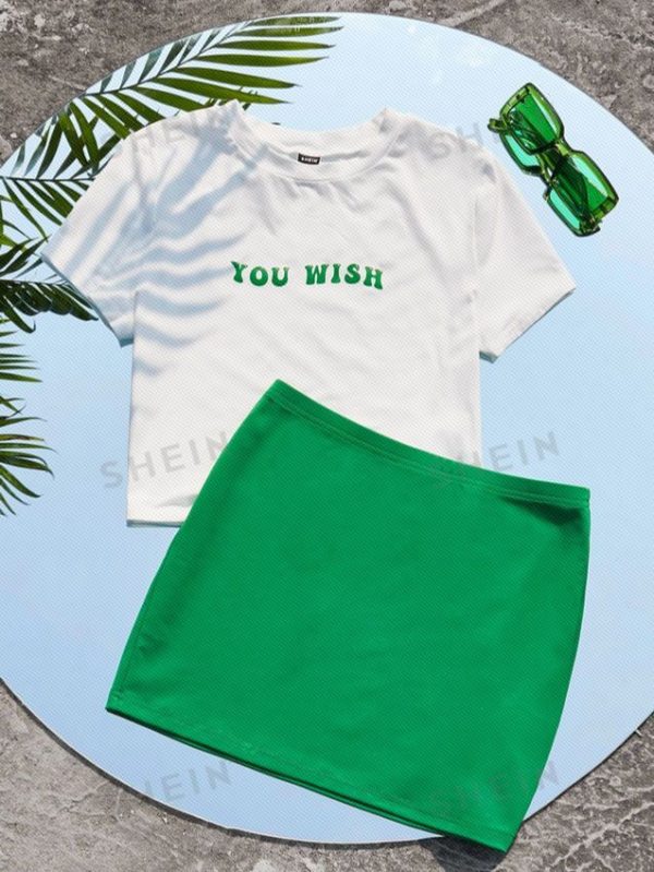 SHEIN EZwear Letter Graphic Crop Tee & Bodycon Skirt