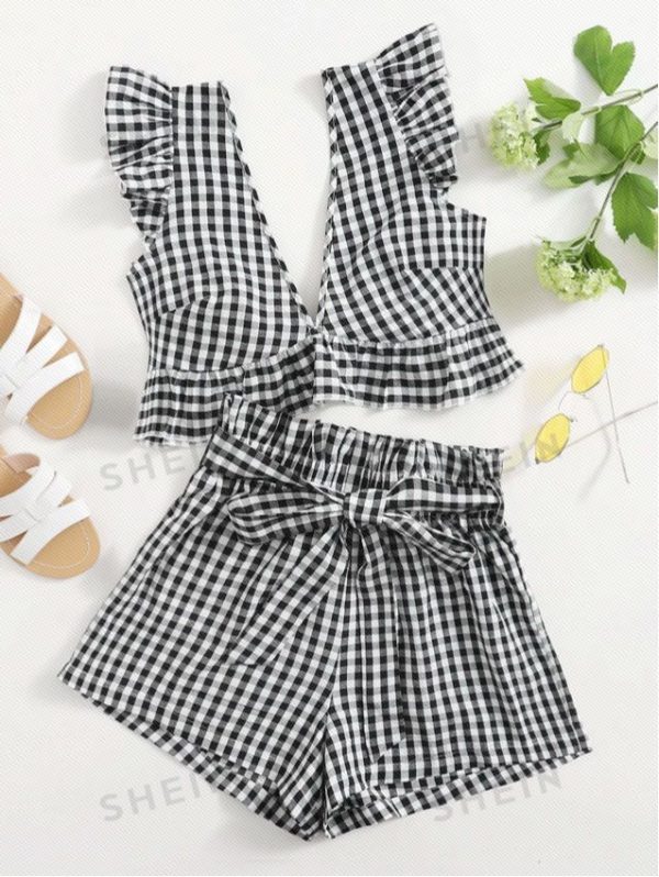 SHEIN Frenchy Gingham Ruffle Trim Tie Back Top & Paperbag Waist Belted Shorts Set