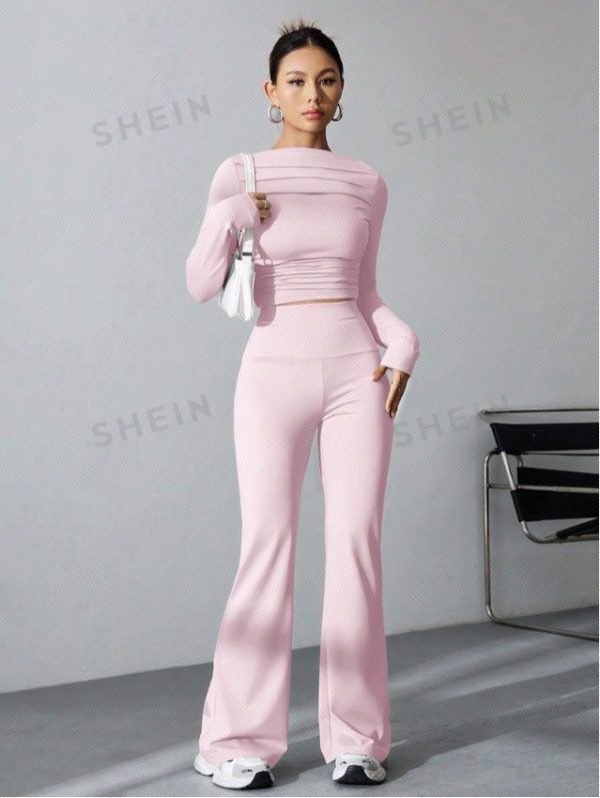 SHEIN EZwear Long Sleeve Solid Color T-Shirt And Flared Pants 2pcs/Set