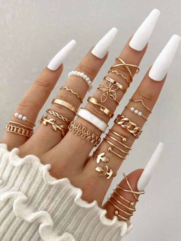 22pcs/Set Gold Tone Geometric Hollow Out Simple Circle Design Rings Jewelry Set For Stackable Style
