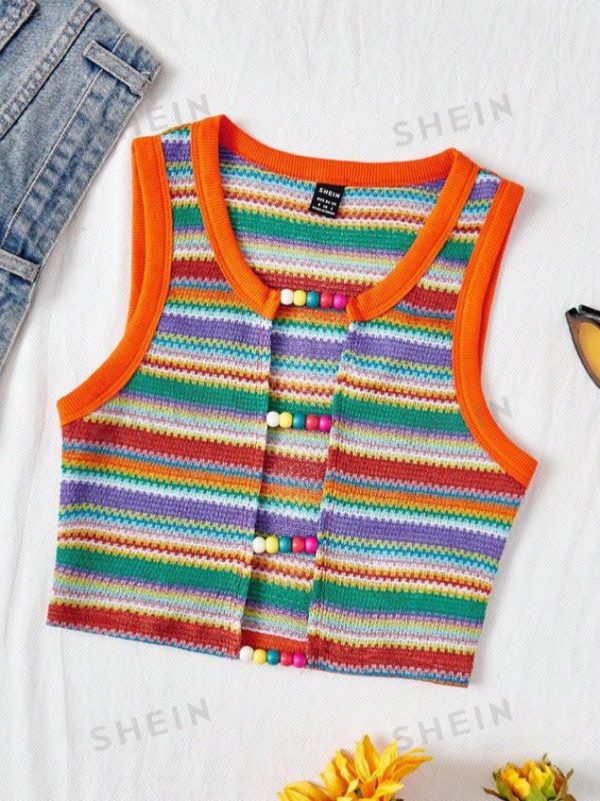 SHEIN WYWH Women's Rainbow Striped Knitted Fabric Sleeveless Top With Beaded Details