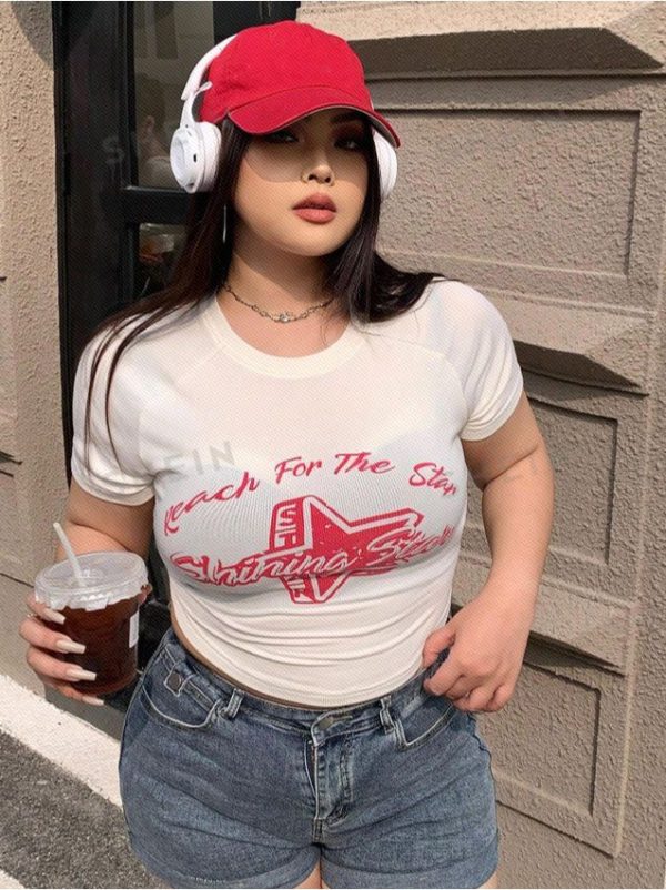 Dazy Petite Plus Plus Size Star & Letter Print Cropped T-Shirt