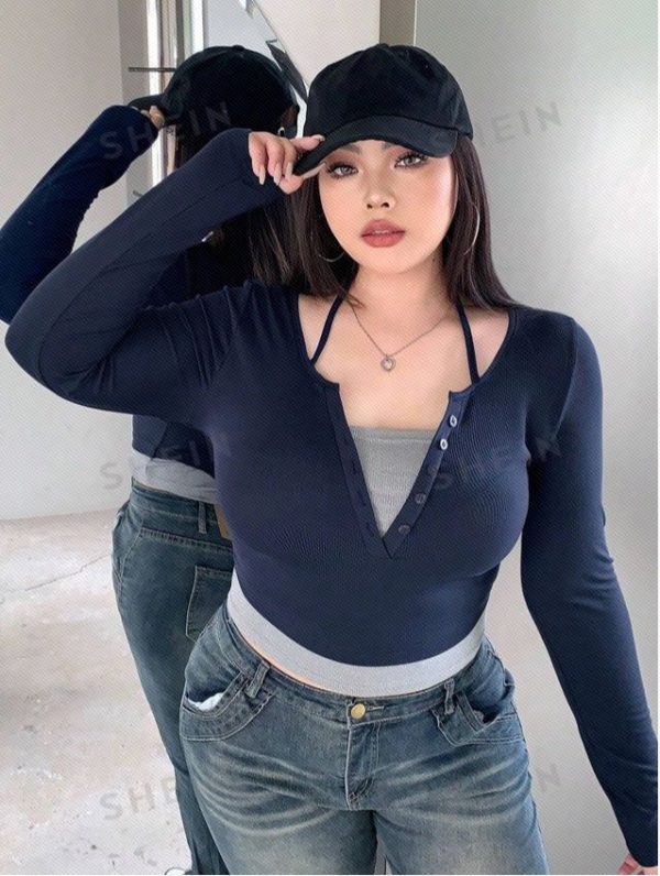 Dazy Petite Plus Plus Size Women's Color Block Long Sleeve Halterneck T-Shirt