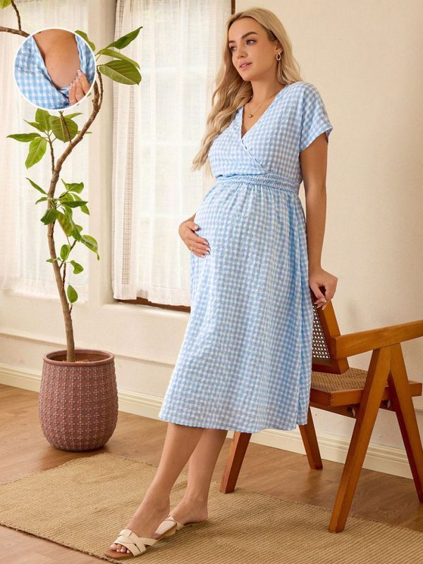 SHEIN Maternity Blue And White Plaid Surplice Neck Nursing Dress