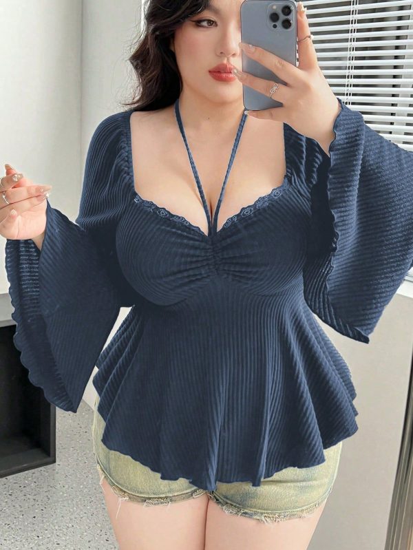 Plus Size Cross Strap V-Neck Cinched Waist A-Line T-Shirt, Fashionable For Summer
