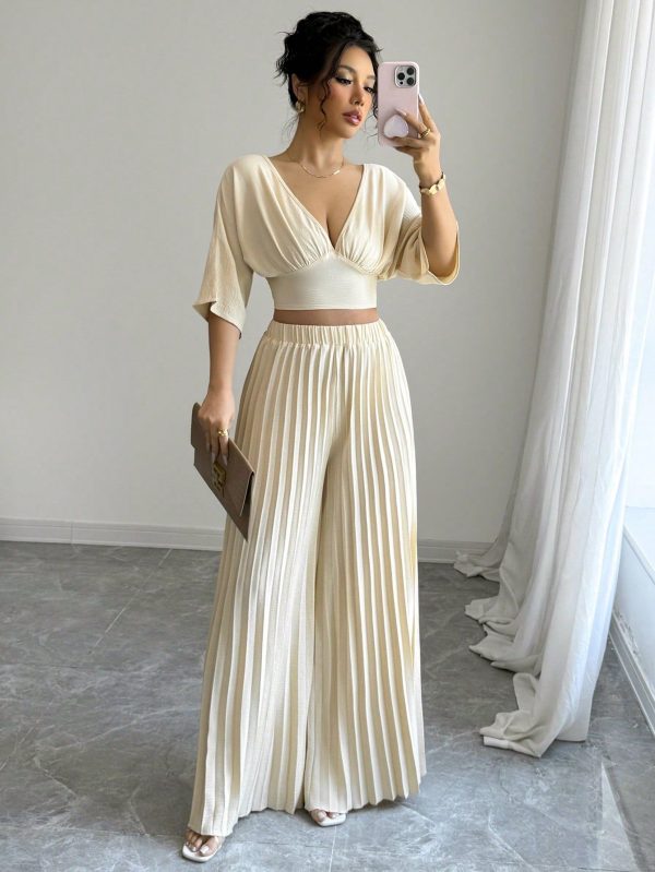 2pcs/Set Women Shirred Sleeveless Top + Pleated Long Pants Elegant Outfit