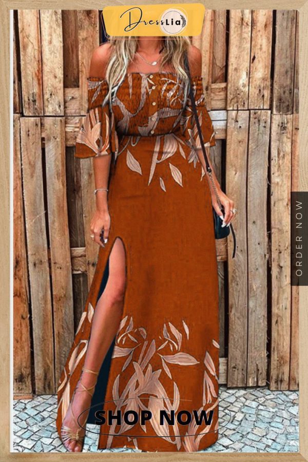 Fashion Street Print Slit Off The Shoulder Irregular Dresses(3 Colors)