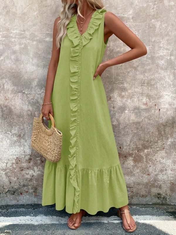 Women's Sleeveless Ruffle Hem Dress: Simply Stylish Casual Chic - Green / S