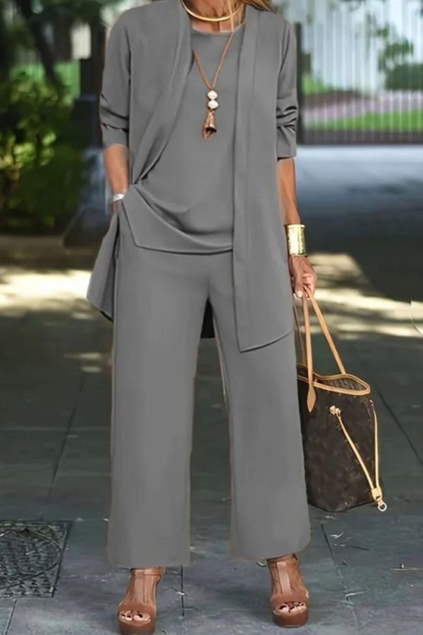 Casual Three-piece Solid Set, Long Sleeve Cardigan & Top & Long Pants Outfits