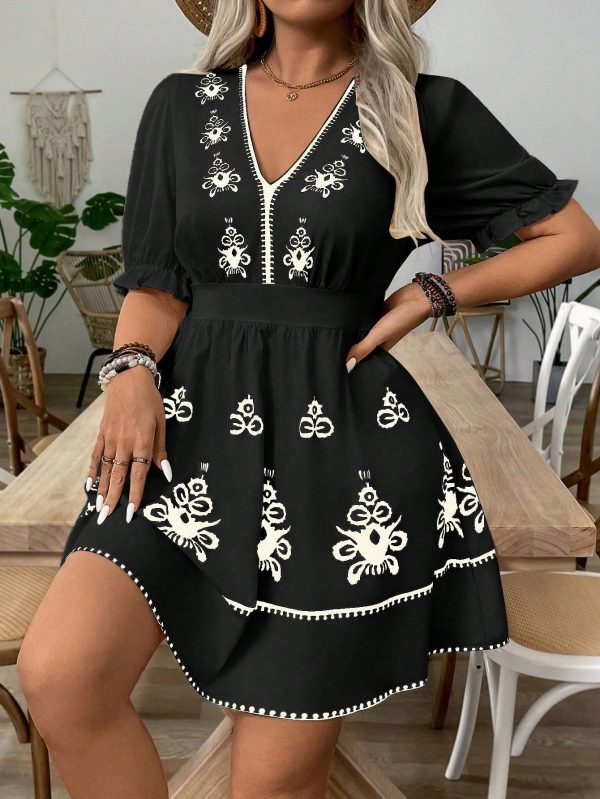Elegant V-Neck Puff Sleeve Floral Print Dress