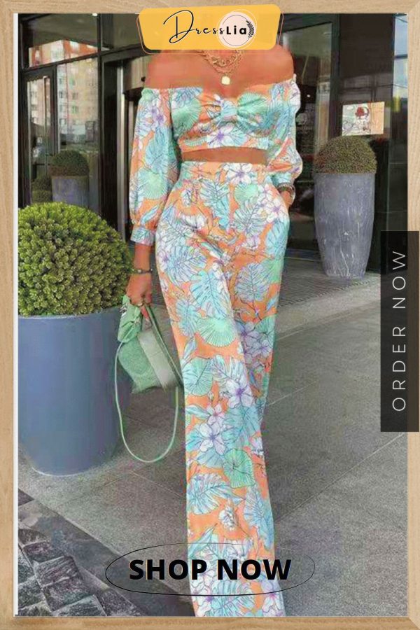 Sexy Floral Pocket Off The Shoulder Long Sleeve Two Pieces