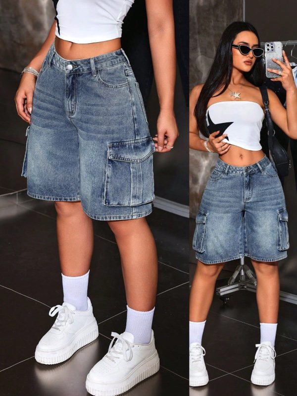 Y2K Pocket Decoration Washed Casual Women Denim Shorts, Cargo Style Bike Shorts