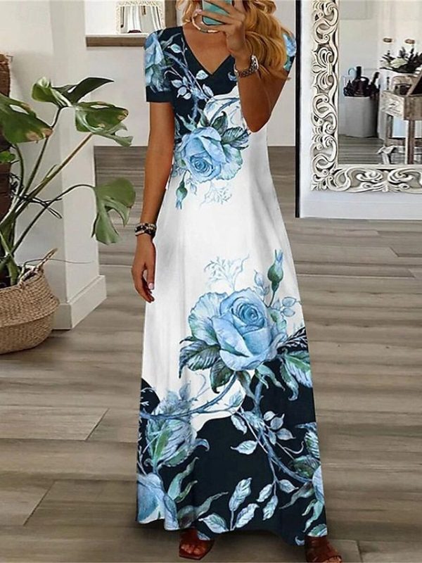 Women's Casual Dress Floral Print V Neck Long Dress Maxi Dress Vacation Short Sleeve Summer 2025 - $35.99