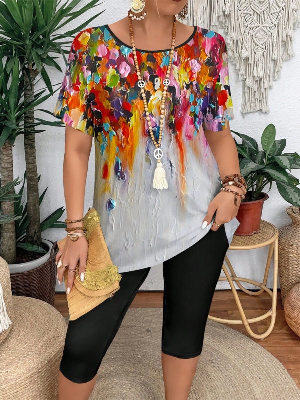 Casual Holidaya Abstract Floral Print Round Neck Short Sleeve Graphic Tees And Leggings 2 Pieces Set For Plus Size Women, Comfort Summer Women Outfit Vacation Outfit