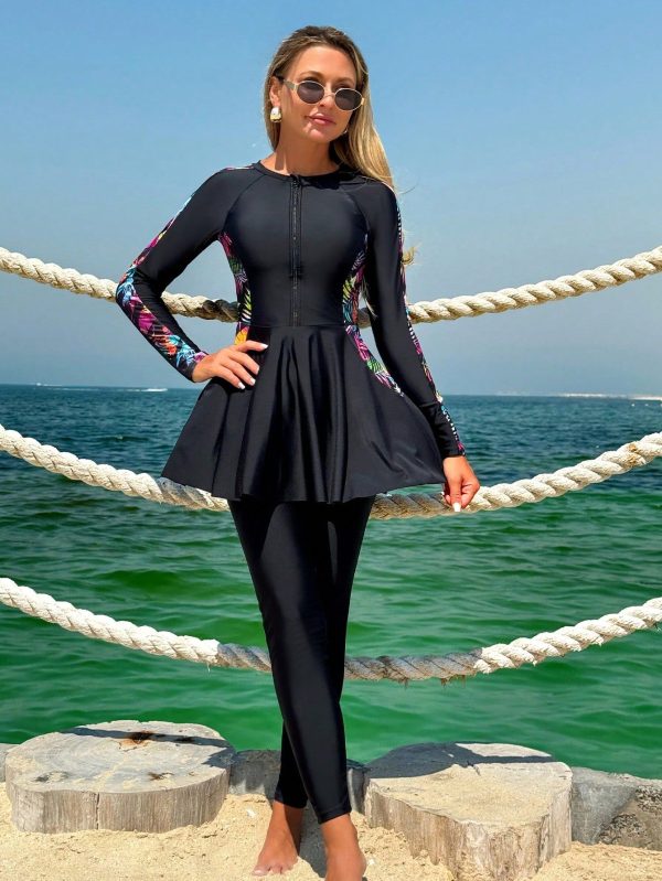 2 Pieces Women Thermal Printed Long Sleeve Top And Long Pants Burkini Set
