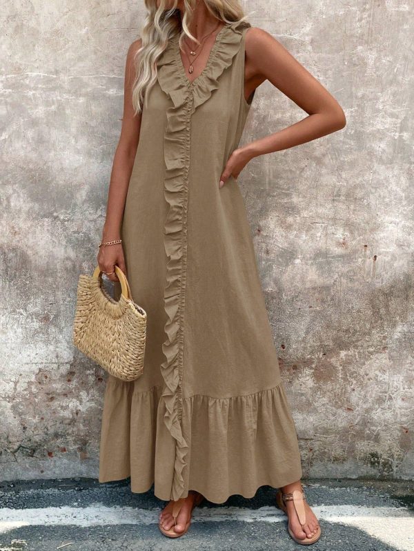 Women's Sleeveless Ruffle Hem Dress: Simply Stylish Casual Chic - Khaki / M