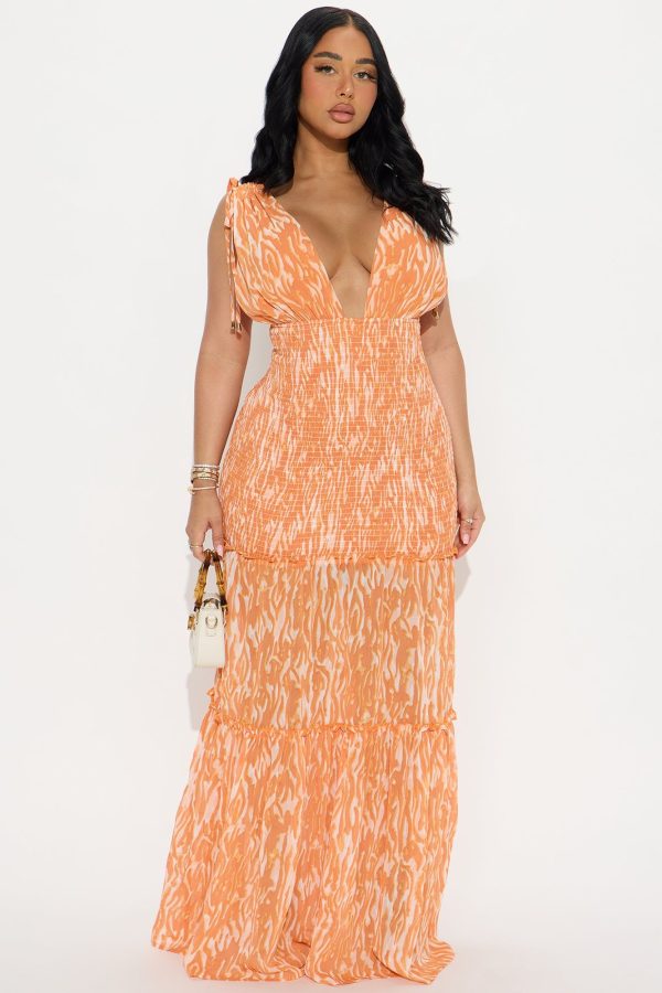 Women's Natalie Smocked Maxi Dress Combo in Orange Size 2X