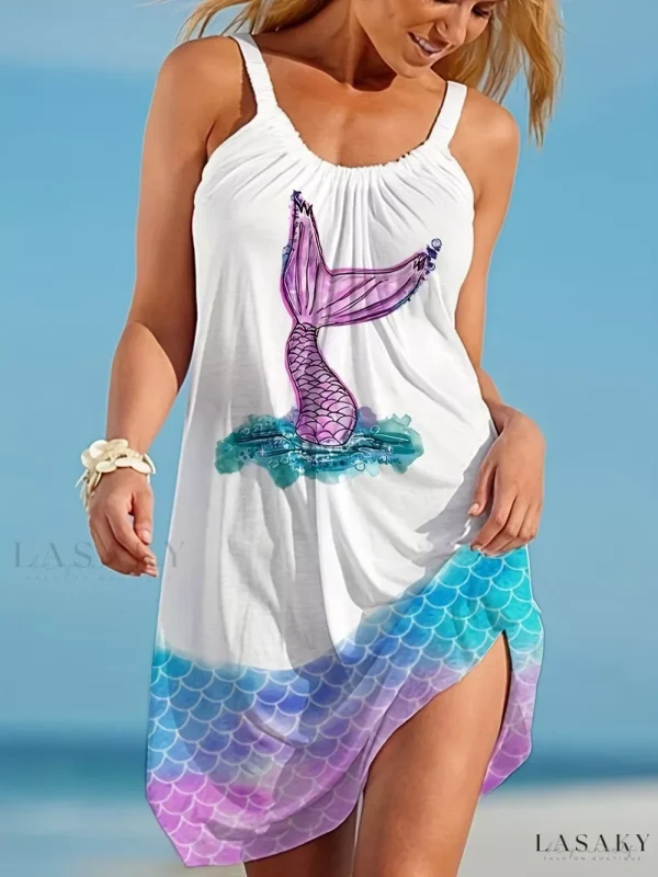 Lasaky - Tropical-Inspired Crew Neck Dress with Exquisite Turtle Print, Elegant Sleeveless Beachwear for Ladies in the Summer Season - White 5, XXL(14)