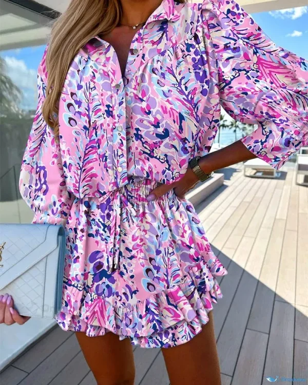 OrcaJump - Floral Print Shirt Set featuring Buttoned Top and Ruffled Skorts - Multicolor, XL(12)