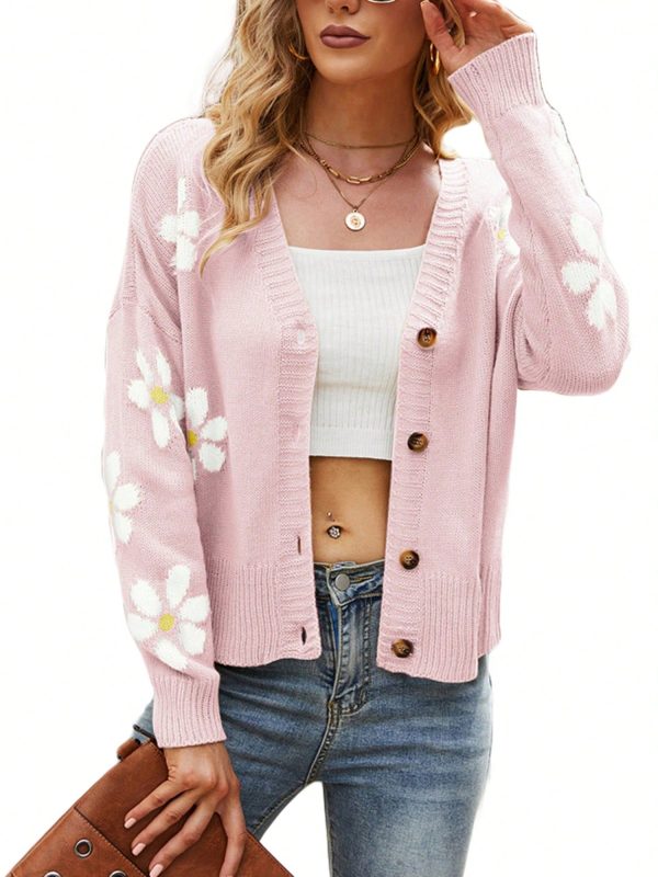 Women Loose Knit Sweater, Adults Button-Down Flower Pattern Long Sleeve V-Neck Cardigan