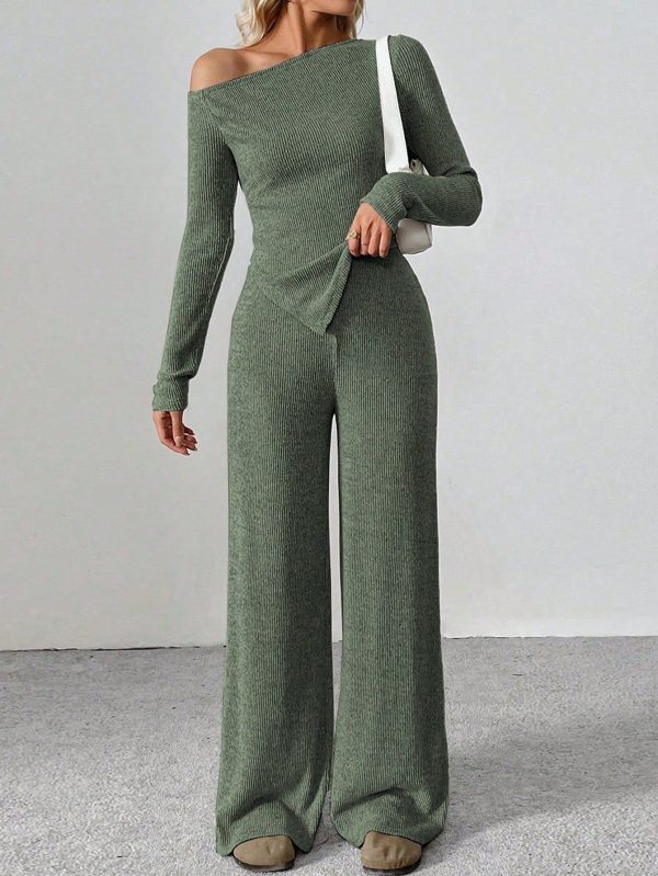 Women's Asymmetrical Asymmetrical Shoulder T-Shirt + Wide Leg Low-Rise Pants 2Pcs Cozy Winter Casual Lounge Suit