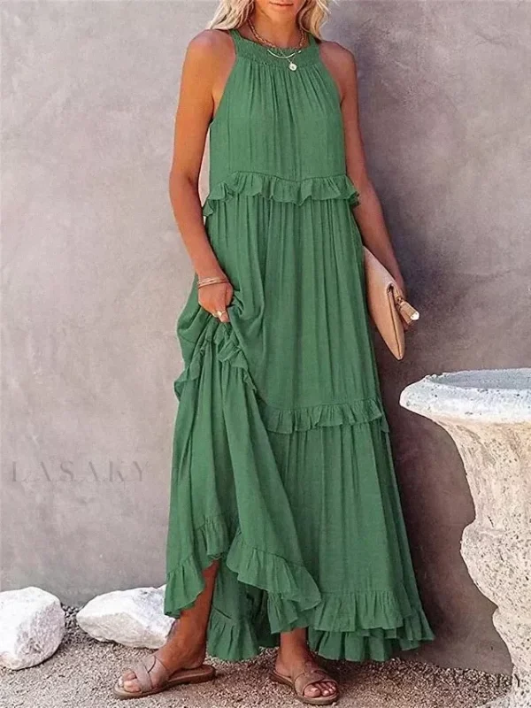 Lasaky - Resort Style Long Dress with Lotus Leaf Border and Flowy Hem, Perfect for Beach Vacations - Green Color, 2XL