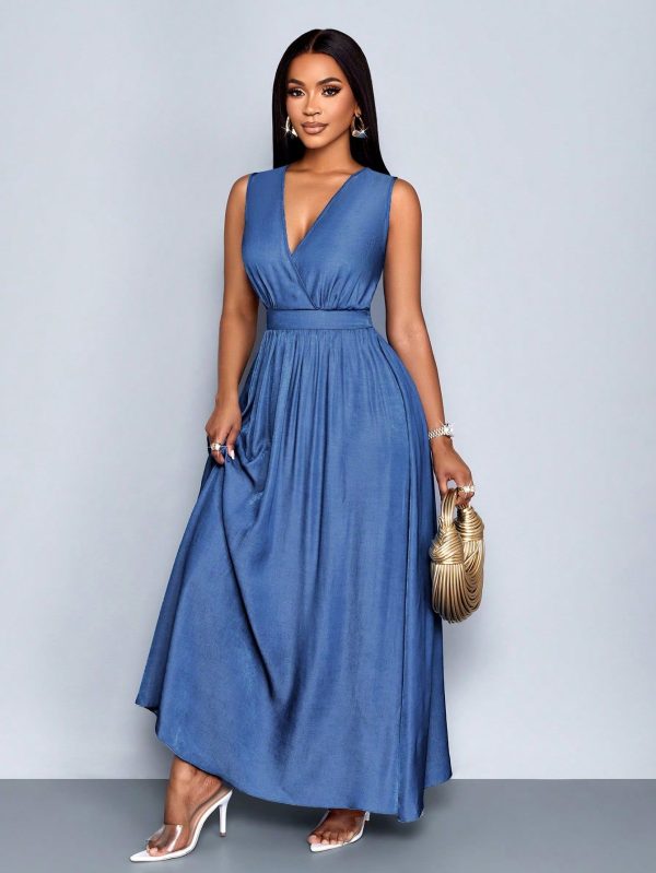 Summer Outfits Summer Clothes Concert Outfit Women Rave Outfits Festival Vacation Outfits Woman Business Casual Beach Outfits For Woman Vacation Outfits Woman Office Outfits For Women Old Money Style Women Sexy And Elegant V-Neck Waist Denim Effect Fabric Long Dress