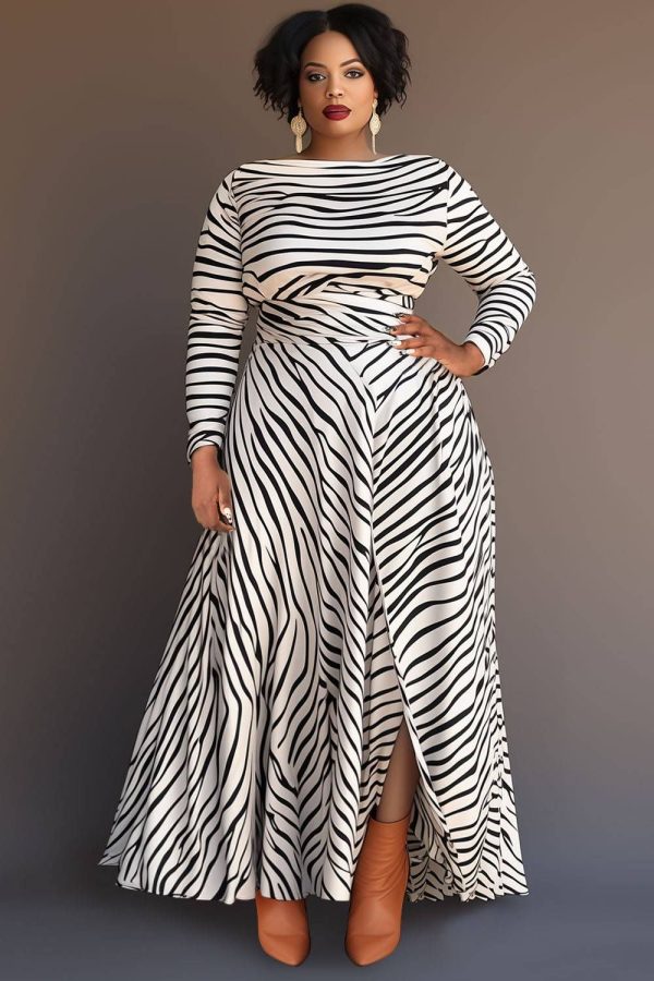 Xpluswear Design Plus Size Business Casual White Water Ripples Round Neck Long Sleeve Split Knitted Maxi Dresses