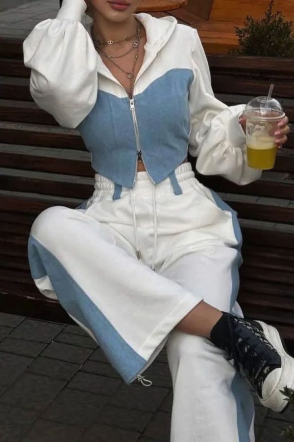 Street Sports Patchwork Contrast Color Hooded Jacket + Pants Two-Piece Set
