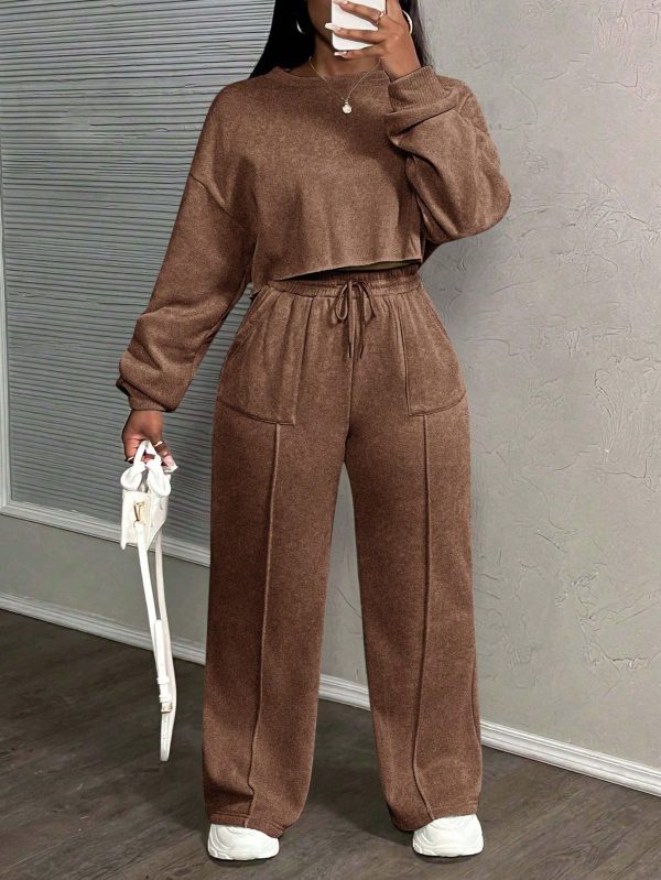 2pcs Women Casual Street Style Snow Flake Print Blue & Green Long Sleeve Top And Loose Pants Set, 2025 New Arrival,Holiday Outfits