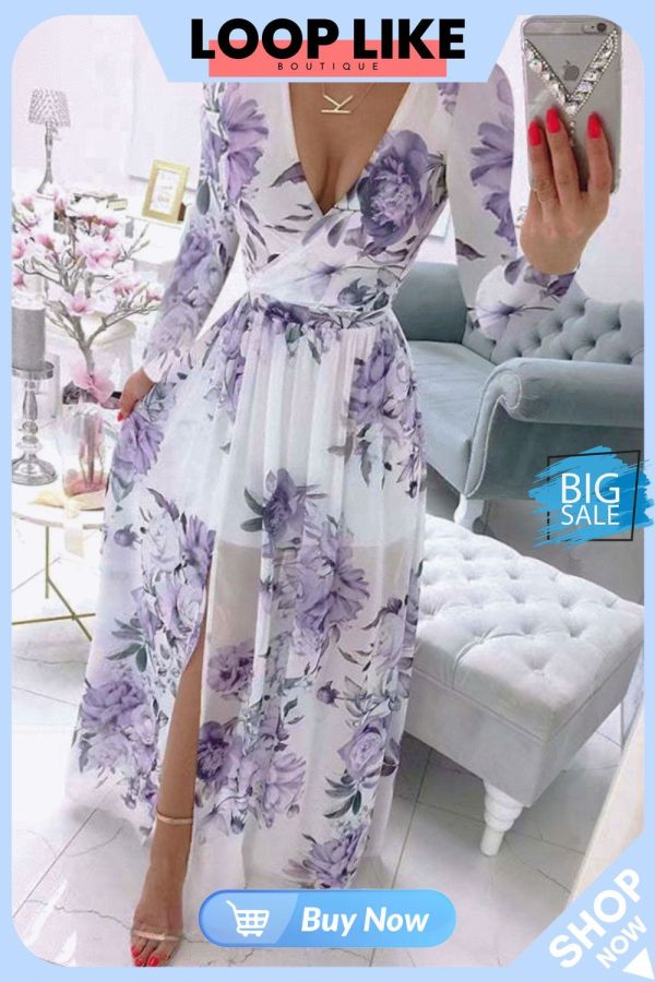 Women's Summer Long Sleeve V-neck Printed Bohemian Dresses