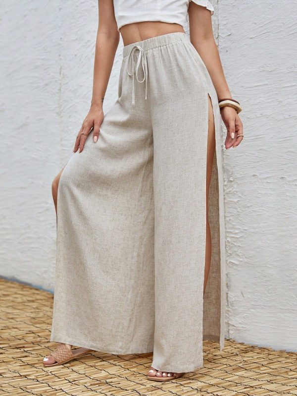 Tie Waist Split Thigh Wide Leg Pants