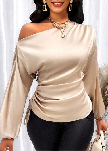 Tops For Women ROTITA Asymmetry Champagne Asymmetrical Neck 3/4 Sleeve Blouse