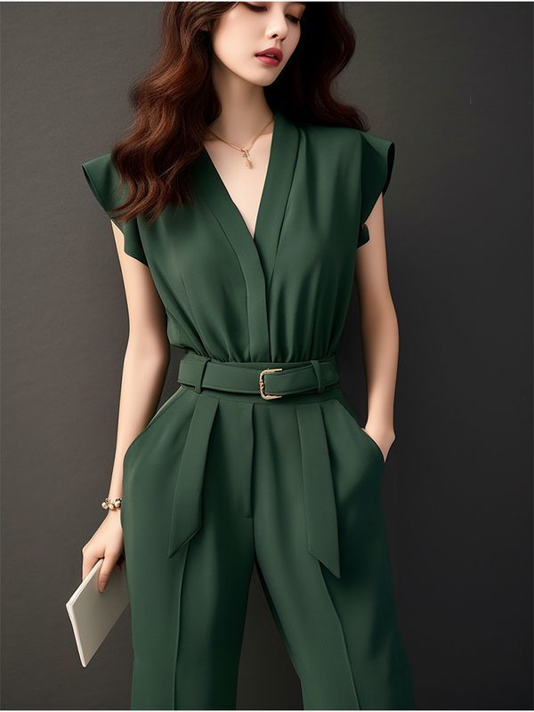 2025 Summer Women's New Fashion V-neck Casual Jumpsuit Female Long Sleeveless Romper Ladies Solid