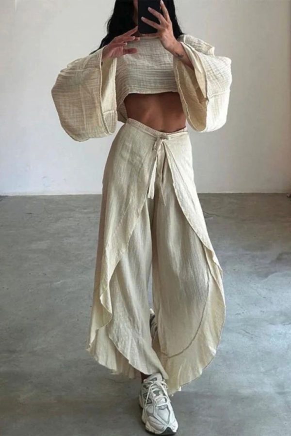 Casual Flounce Slit O Neck Long Sleeve Two Pieces
