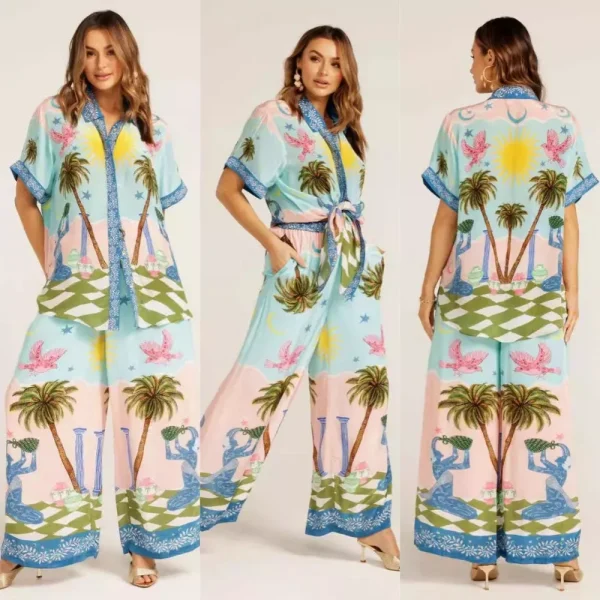 Sets for Women 2 Pieces Summer New Fashion Printing Half Sleeve Shirt Set Casual Loose High Waisted