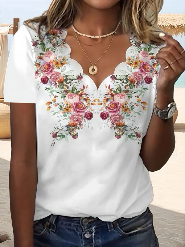 Fashion Plus Size Blouse - Floral Wave V-Neck T-Shirt for Women Summer Elegant Casual Tops