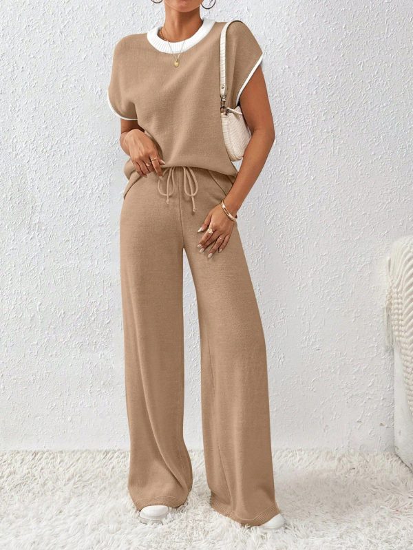Women's Contrast Color Loose Casual Ribbed Hem Drawstring Knit 2 Pieces Set